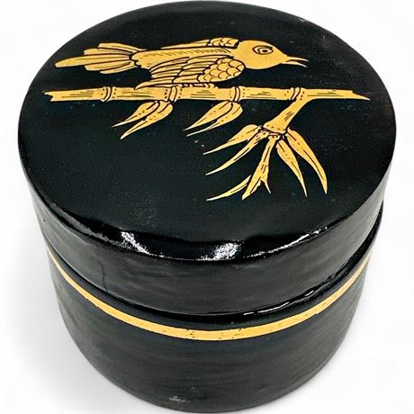 Thai Black Lacquer Round Trinket Box with Gold Bird Motif