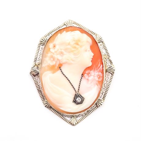 14K White Gold Antique Carved Shell Habillé Cameo Pendant/Brooch