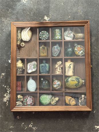 Vintage Shadow Box Display with Miniature Chinese Snuff Bottles