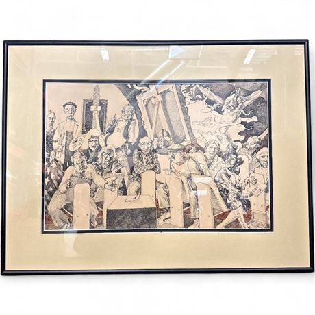 Framed David Levine Caricature Print: Artists Sketching Banana