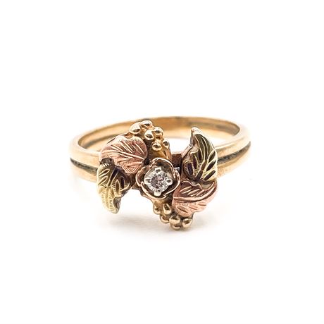 10K Black Hills Diamond Ring With Leaf & Grape Motif