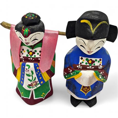 Vintage Pair Of Korean Hand-Carved Wood Figurines