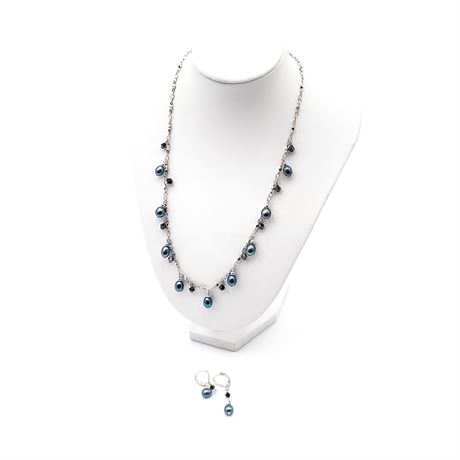 Sterling Silver Chain Necklace & Earring Set With Pearls And Crystals