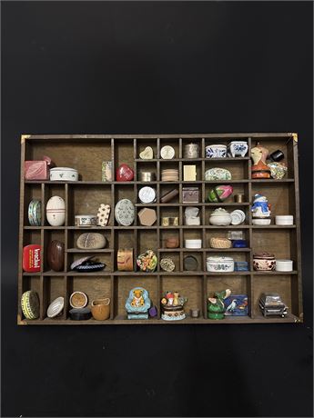 Collection Of Miniature Trinkets In Wooden Display Box