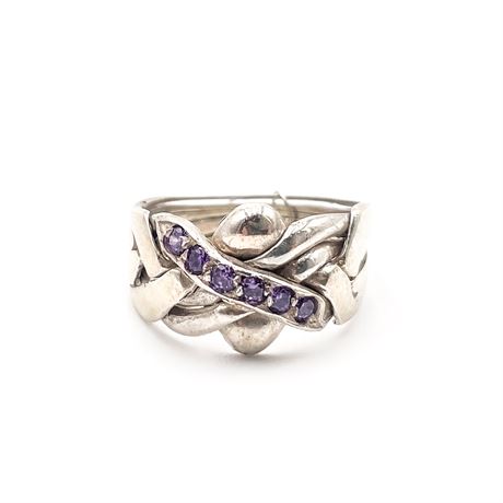 Sterling Silver Puzzle Ring With Amethyst Gemstones