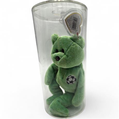 Ty Beanie Baby "Kicks" Soccer Bear (1999) with Display Tube