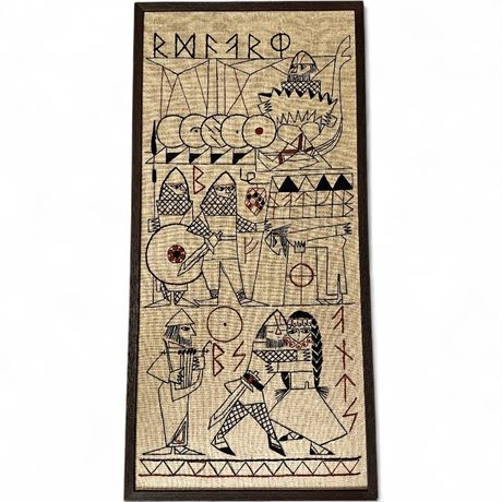 Framed Vintage Barbro Sprinchorn Embroidered Viking-Themed Wall Hanging