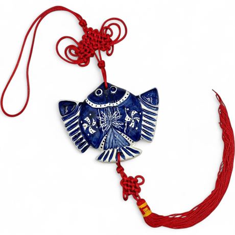 Chinese Blue & White Porcelain Fish Wall Hanging with Tassel
