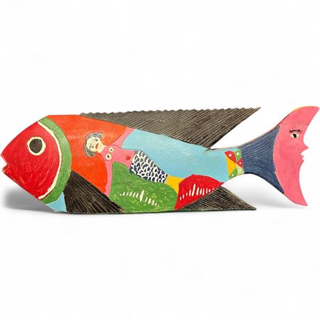 Vintage Hand-Painted Mexican Folk Art Wooden Fish Sculpture