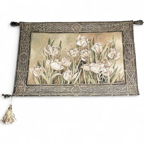 Wall Tapestry By Linda Thompson Titled "Tulips In Window"