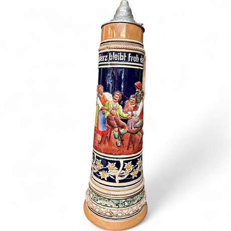 Vintage German Tavern Scene Stein with Pewter Lid