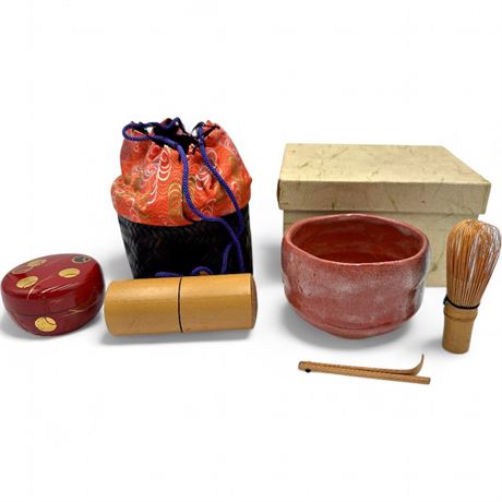 Japanese Nodate Tea Ceremony Set with Raku-Style Chawan Bowl & Basket