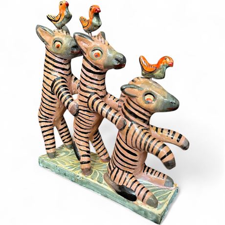 Vintage Mexican Folk Art Zebra Trio Sculpture