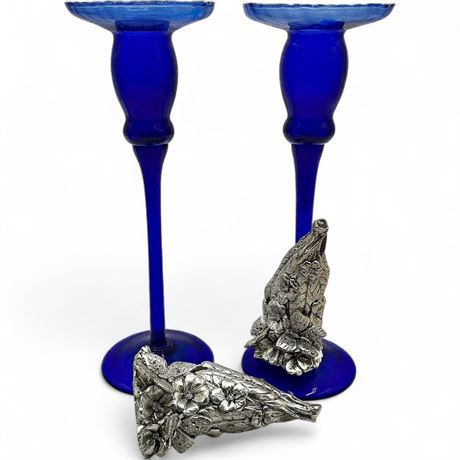 Pair of R. Robean Cobalt Blue Glass Candlesticks w/ .925 Silver...