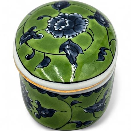 Vintage Otagiri Japan Green & Blue Floral Porcelain Trinket Box