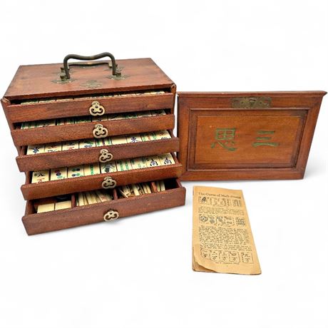 Antique 1920s/30s Bone & Bamboo Mahjong Set in 5-Drawer Wooden Case