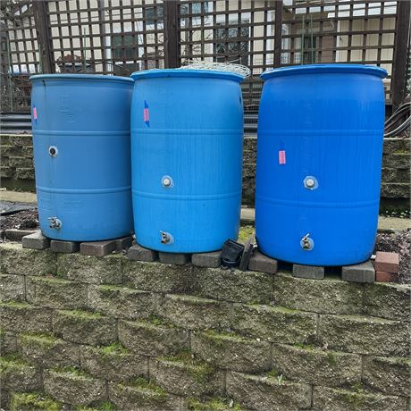 Blue Plastic Rain Barrels 55-Gallon Lot of 3