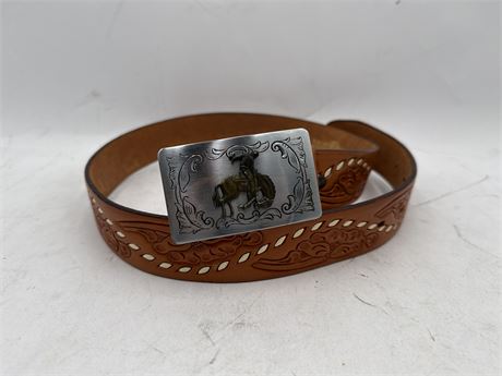 Hereford Brand Tooled Leather Belt With Ornate Bucking Bronco Buckle 34"