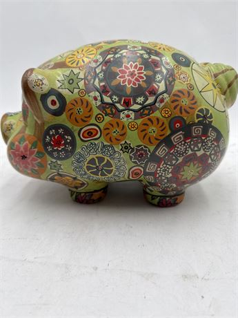 Vintage Mexican "Mandala Flower Art" Ceramic Piggy Bank