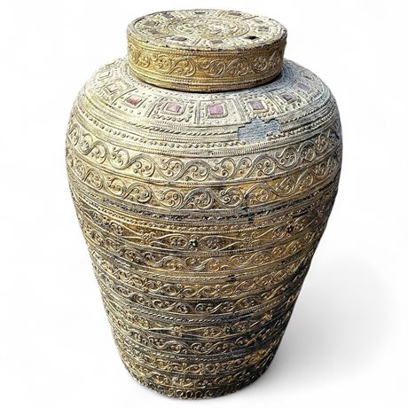 Large Plastic Faux-Brass Decorative Burmese-Style Urn with Lid