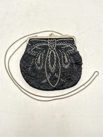 Vintage-Style Black Beaded Evening Bag With Chain Strap