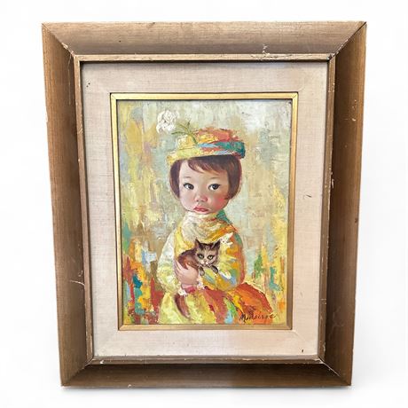 Medeiros Big Eye Girl with Kitten Oil Painting Mid Century