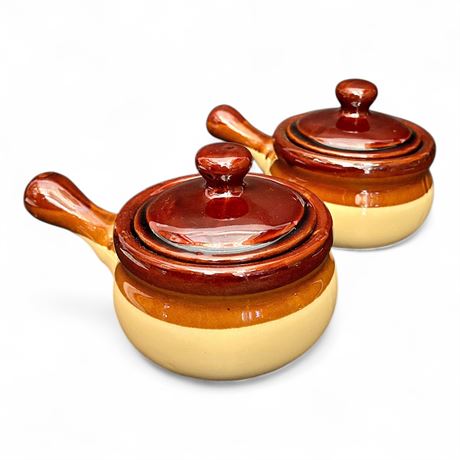 Two Vintage Brown-Glazed Ceramic French Onion Soup Bowls
