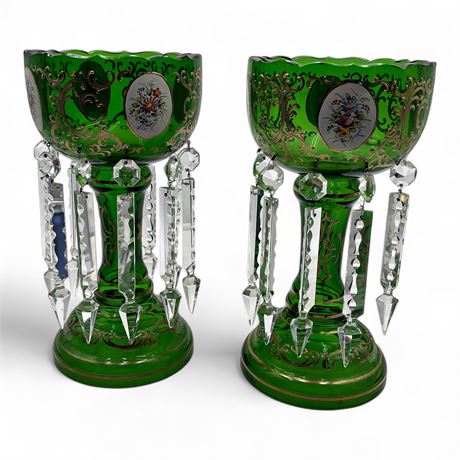 Pair Of German Green Glass Lusters With Crystal Prisms US Zone