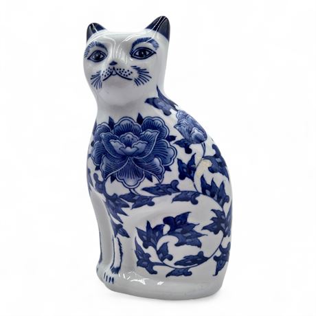 Blue White Porcelain Cat Figurine Floral Design Made in China