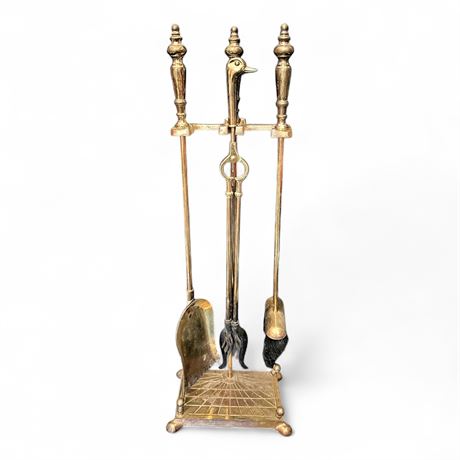 Brass Duck Head Fireplace Tool Set 4 Piece with Stand