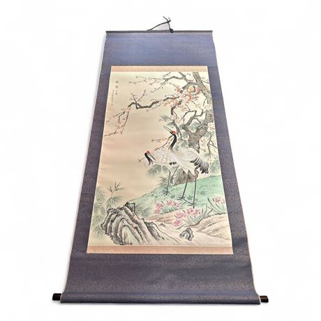 Chinese  Scroll Painting Cranes Plum Blossoms Pine