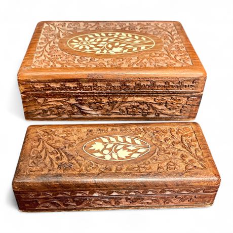 Two Vintage Hand-Carved Wooden Boxes With White Inlay