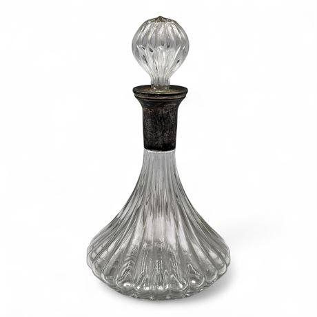 Glass Decanter with Silverplate Collar Ribbed Body