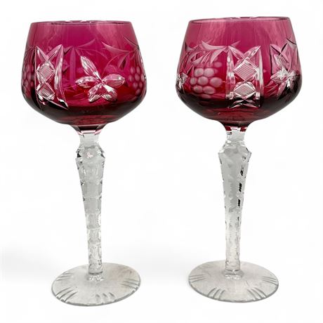 Pair Of Lausitzer Bleikristall  Crystal Cut-to-Clear Hock Wine Glasses