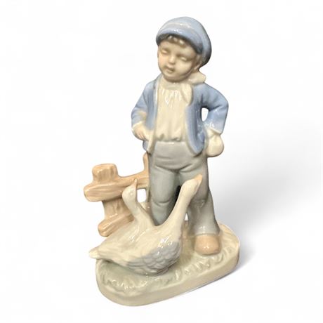 Lego Japan Porcelain Boy with Geese Figurine Blue White