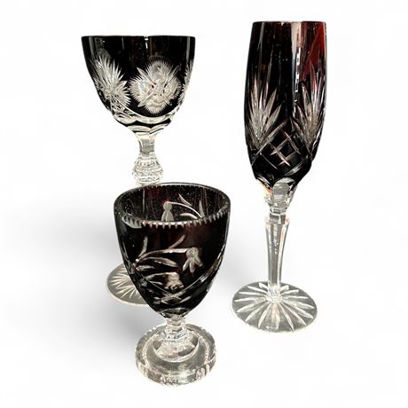 Ajka Caroline Amethyst Cut to Clear Crystal Stemware 3 Piece