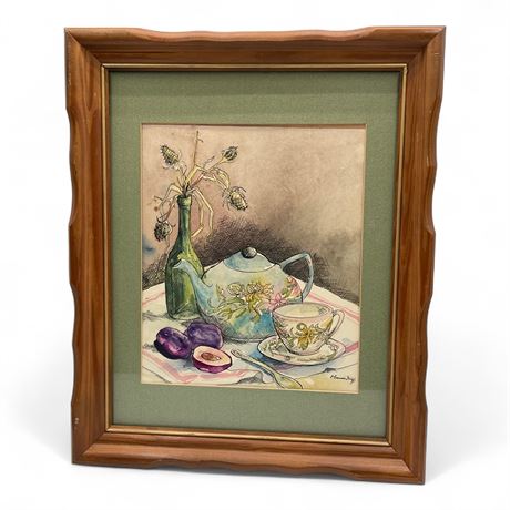 Eleanor Niel Watercolor Still Life Teapot Plums Framed