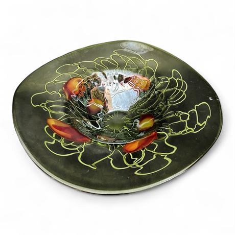 Art Glass Centerpiece Bowl Green with Red Orange Accents