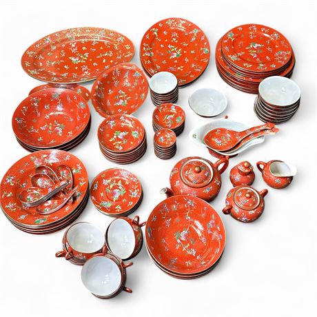Large Set Of Chinese Familie Rose Porcelain Dinnerware & Tea Set