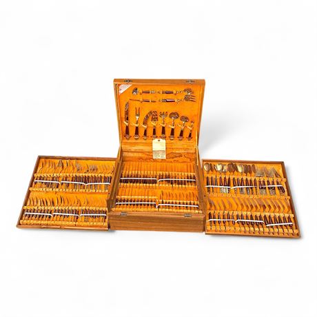 Large 1960s Thai Flatware Set In Tri-Fold Case 144 Pieces