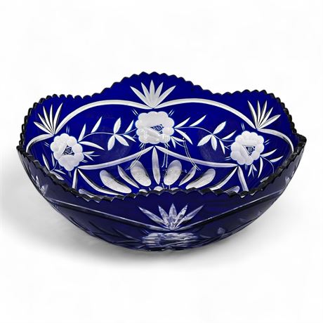 Cobalt Blue Cut to Clear Crystal Bowl Floral Pattern