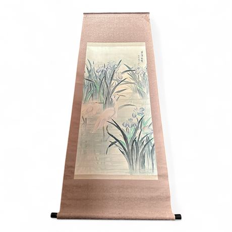 Chinese Scroll Painting with Egrets and Iris Flowers