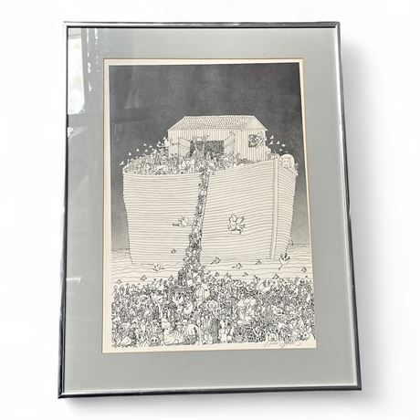 Framed Signed Pen and Ink Drawing Depicting Noah's Ark