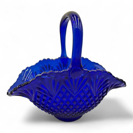 Cobalt Blue Pressed Glass Basket with Handle