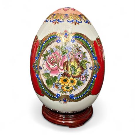 Hand Painted Chinese Porcelain Decorative Egg with Wooden Stand