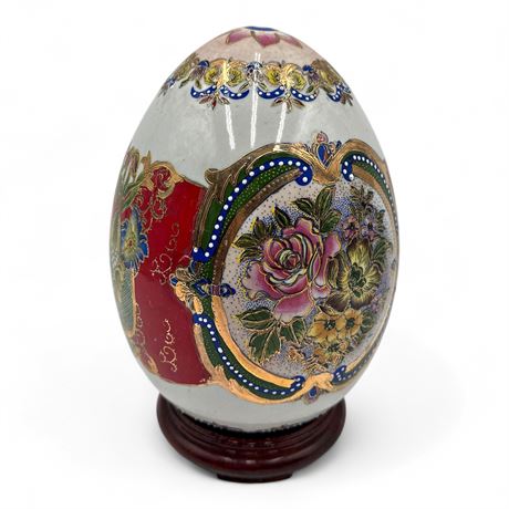 Chinese Hand Painted Porcelain Egg on Wooden Stand