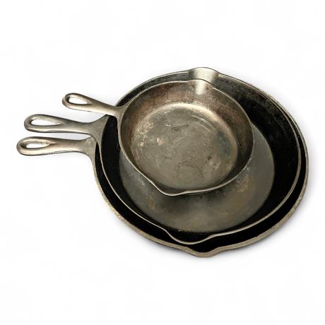 Set Of Three Cast Iron Skillets, One Wapak