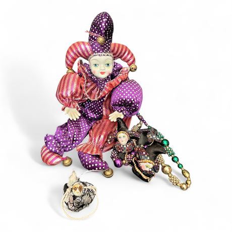 Vintage Porcelain Harlequin Doll with Harlequin Beaded Necklaces