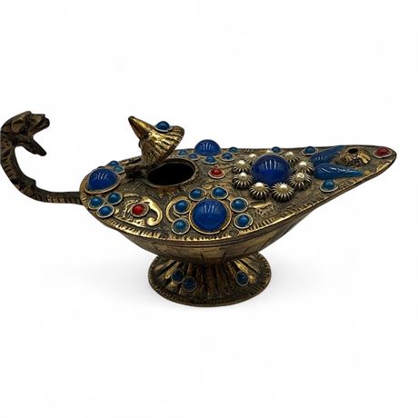 Replica Aladdin Style Brass Oil Lamp Blue Glass Cabochon Inlay