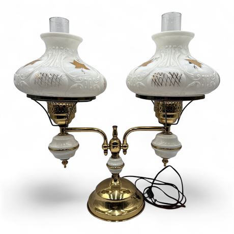 Vintage Double-Arm Student Lamp With Milk Glass Shades